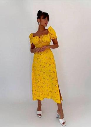 Платье миди с принтом свободного кроя качественное стильное трендовое с разрезом по ноге желтое мятное2 фото