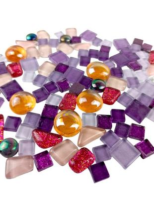 Набір шматочків мозаїки камінці мікс фіолетовий з блисками 200 гр 150-170 шт каміння декоративне для декору