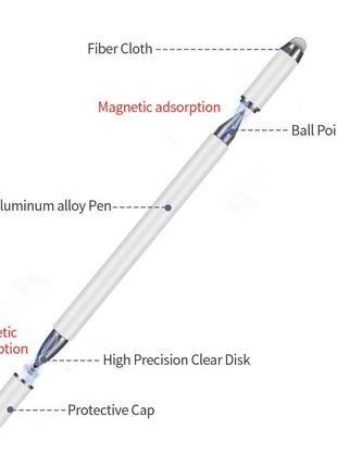 Стилус металевий ємнісний двосторонній 3 в 1 для малювання і писання white7 фото