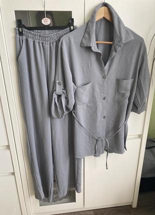 M/ l новый летний серый брючный костюм с рубашкой и широкими брюками1 фото