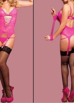 Сексуальний комплект корсет з трусиками і наручники рожевий s m