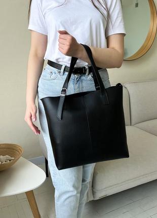 Деловая женская сумка шопер черного цвета из эко-кожи на учебу, работу