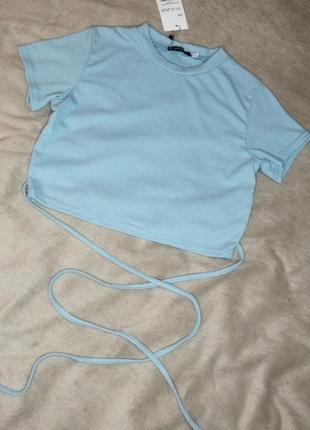 Голубая футболка топ рубчик с завязками м1 фото
