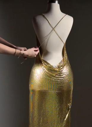 Эксклюзивное шикарное платье макси длинное в пол разрез золотистое золотистое блестящее кольчуга oh polly ох полли8 фото
