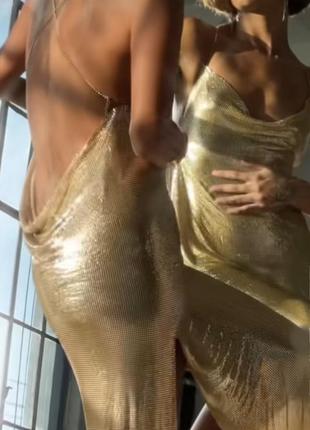 Эксклюзивное шикарное платье макси длинное в пол разрез золотистое золотистое блестящее кольчуга oh polly ох полли4 фото