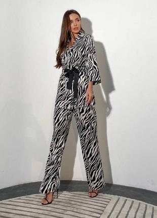 Костюм брючный зебра в полоску черный белый легкий летний брюки штаны широкие прямые палаццо рубашка кардиган блуза кимоно халат пижама батал2 фото