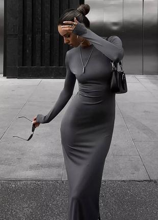 Жіноча довга сукня в обтяжку стильна модна закрита сексі довгий рукав ділова чорний графіт3 фото