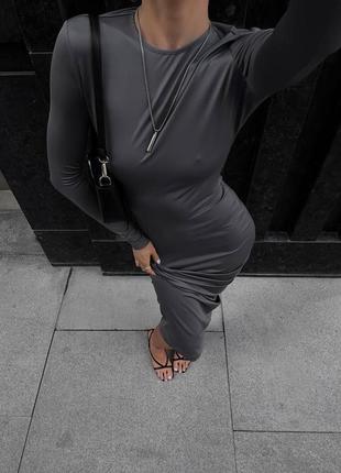 Жіноча довга сукня в обтяжку стильна модна закрита сексі довгий рукав ділова чорний графіт4 фото