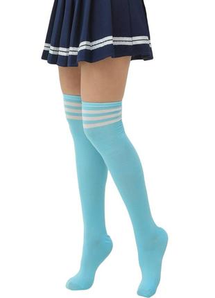 Заколенки голубые с полосками белые 1003 спортивные длинные шкрпетки за колено с тремя полосками1 фото