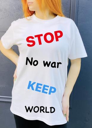 Футболка жіноча патріотична з принтом stop no war keep world