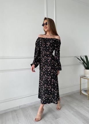 Женское платье ниже колена с разрезом стильное цветочный принт шнуровка черный3 фото