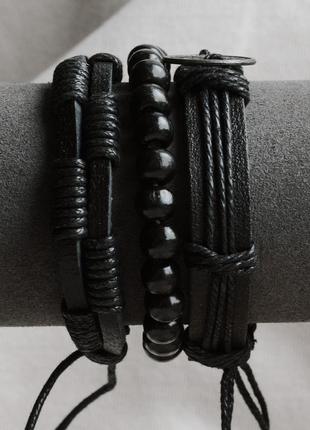 Кожаные мужские браслеты на руку дерево (в комплекте 3 браслета)3 фото