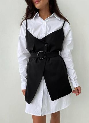 Женское короткое платье длинный рукав 2в1 комплект рубашка + платье-сарафан черно-белая весна осень4 фото