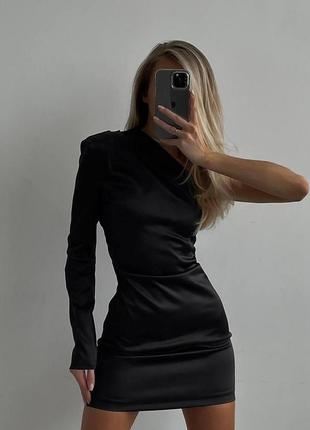 Женское платье мини короткое в обтяжку стильное подчеркивает фигуру один рукав черный4 фото