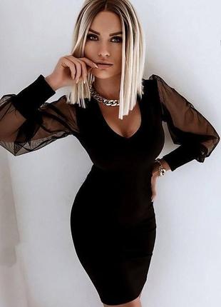 Эффектное облегающее женское мини платье с глубоким вырезом креп дайвинг+евросетка цвет чёрный1 фото