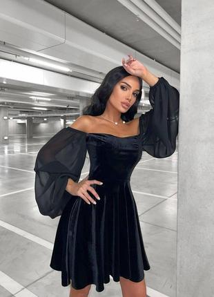 Женское классическое приталенное платье длинный рукав сетка пышный низ вечернее черный3 фото