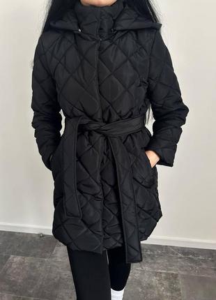 Женская куртка с капюшоном стеганная длинная пальто с поясом весна осень беж, черный6 фото