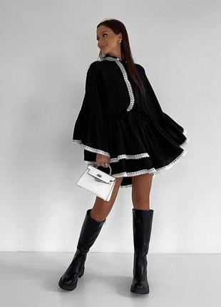 Жіноча вільна легка сукня з мереживом довгий рукав стильна класична чорна трендова2 фото