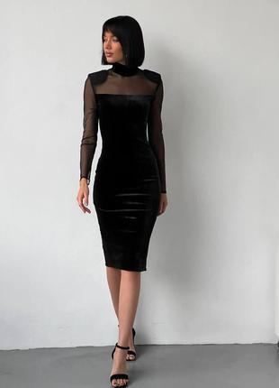 Женское элегантное вечернее платье в обтяжку стильное бархат длинный рукав сетка черный4 фото