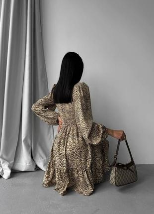 Женское приталенное платье принт леопард длинный рукав пышный низ2 фото