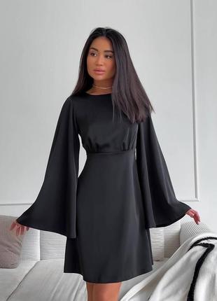 Женское платье шелк стильное легкое короткое с пышными рукавами открытая спина черный, беж, голубой2 фото