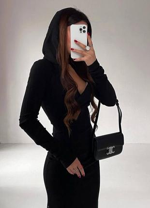 Жіноча довга сукня в обтяжку з капюшоном стильна модна підкреслює фігуру довгий рукав молочний, графіт, чорний3 фото