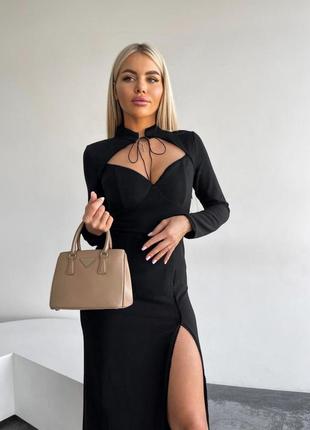 Жіноча довга сукня в обтяжку стильна модна підкреслює фігуру шнурівка довгий рукав з розрізом чорний2 фото