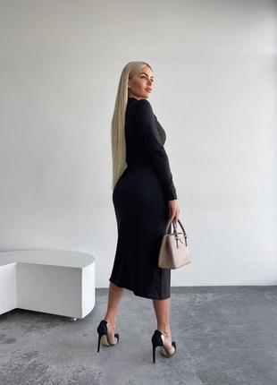 Жіноча довга сукня в обтяжку стильна модна підкреслює фігуру шнурівка довгий рукав з розрізом чорний6 фото