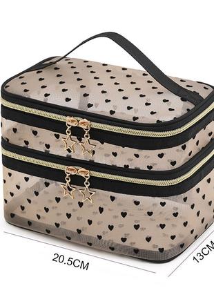 Двухэтажная прозрачная сетчастая косметичка органайзер с ручкой