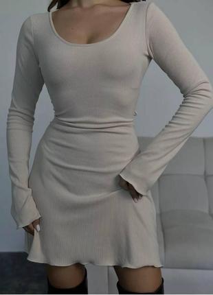 Трендовое платье из ангоры рубчик с рукавами клеш шнуровкой на спине завязками короткое7 фото