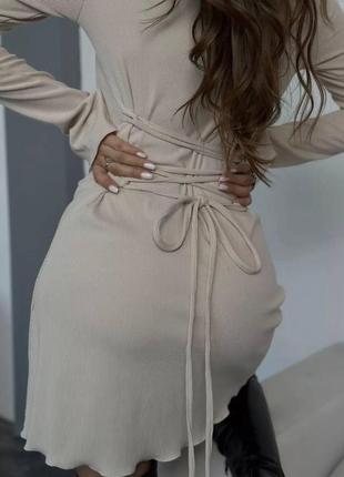 Трендовое платье из ангоры рубчик с рукавами клеш шнуровкой на спине завязками короткое8 фото