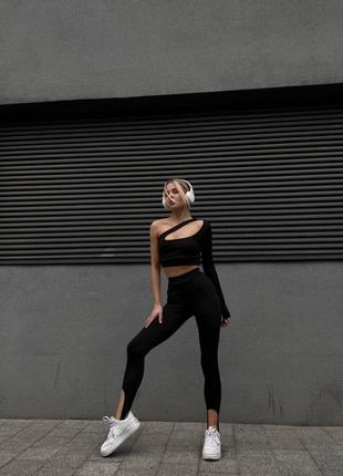 Жіночий костюм двійка легінси + топ на кожен день для тренування чорний тренд 2023