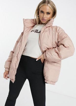 Стильный модный розовый пуховик спортивная куртка fila из затяжкой на поясе оригинал2 фото