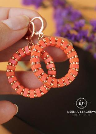 Сережки кільця, колір оранж2 фото