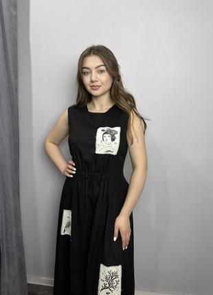 Женское летнее платье из льна чёрное modna kazka mkkc6021-22 фото