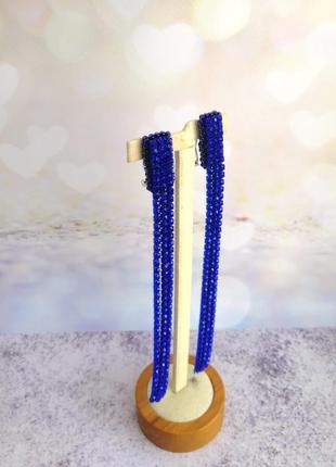 Длинные нарядные стразовые серьги синие на гвоздиках с защелкой4 фото