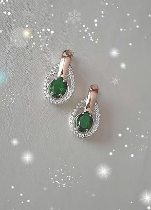 🛍 сережки срібло золото фіаніт зелений