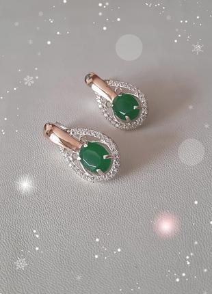 🛍 сережки срібло золото фіаніт зелений матовий