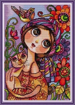 Набор для вышивания по нанесённой на канву схеме "big-eyed girl". aida 14ct printed 29*40 см