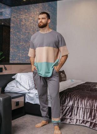 Чоловіча піжама футболка + штани (кулір) великий розмір : 46-48 (s-m),50-52 (l-xl),54-56 (2xl-3xl)