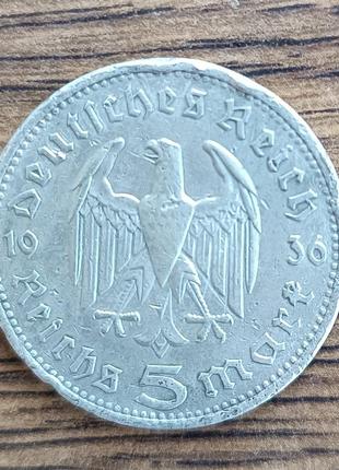 Серебряные 5 марок третьего рейха 1936 года2 фото