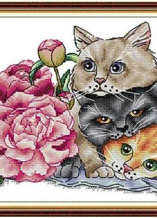 Набір для вишивання за нанесеною на канву схемою "three kittens with flowers". aida 14ct printed 30*19 см
