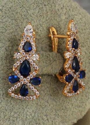 Сережки xuping jewelry ялиночка з синіми 2,7 см золотисті3 фото