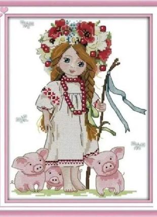 Набір для вишивання за нанесеною на канву схемою "girl and piglets". aida 14ct printed, 26*31 см