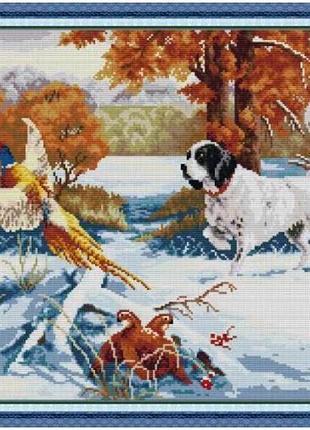 Набір для вишивання за нанесеною на канву схемою "hound and pheasant". aida 14ct printed 50*42 см