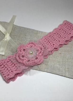 Повязка вязанная для девочки розовая с цветком5 фото