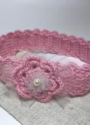 Повязка вязанная для девочки розовая с цветком6 фото