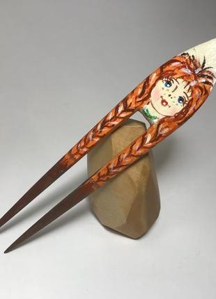 Шпилька дерев'яна для волосся розписна 'дівчина'5 фото