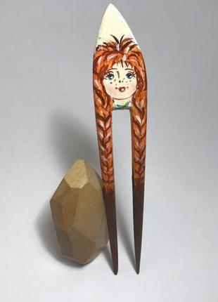 Шпилька дерев'яна для волосся розписна 'дівчина'9 фото