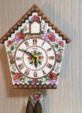 Часы с росписью, ходики настенные механические с кукушкой с боем ′цветы′5 фото